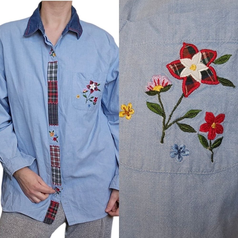 90s Thin Denim Jean Button Down Shirt Longsleeve Embroidered Flowers Plaid Large